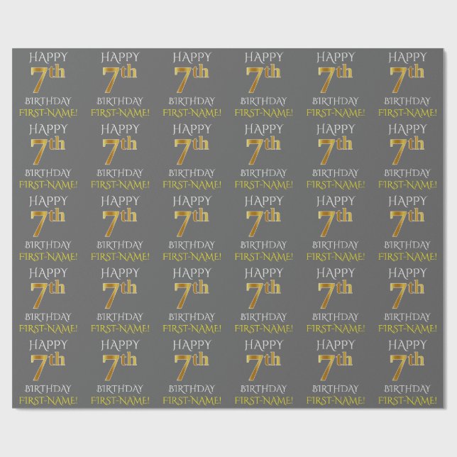 Grey, Faux Gold "HAPPY 7th BIRTHDAY" Wrapping Paper (Flat)
