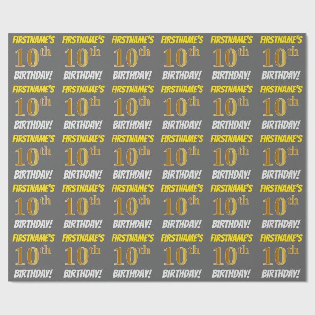 Grey, Faux/Imitation Gold, "10th BIRTHDAY" Wrapping Paper (Flat)