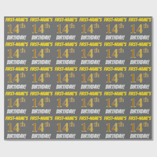 Grey, Faux/Imitation Gold, "14th BIRTHDAY" Wrapping Paper