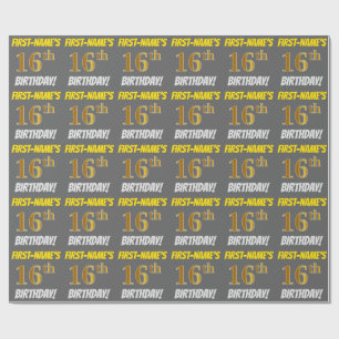 Grey, Faux/Imitation Gold, "16th BIRTHDAY" Wrapping Paper