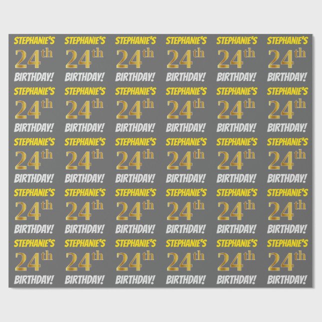 Grey, Faux/Imitation Gold, "24th BIRTHDAY" Wrapping Paper (Flat)
