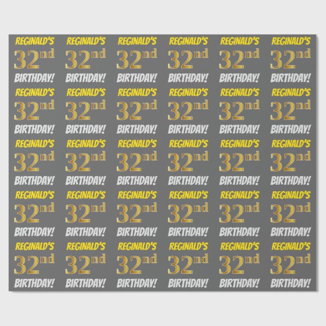 Grey, Faux/Imitation Gold, "32nd BIRTHDAY" Wrapping Paper (Flat)
