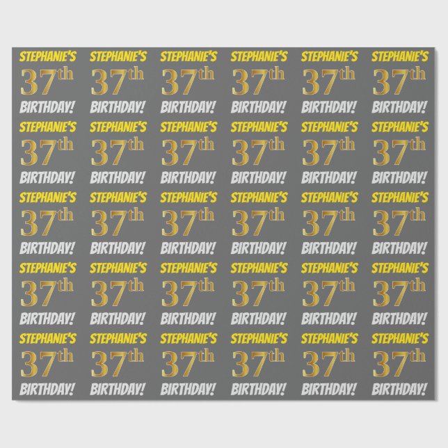 Grey, Faux/Imitation Gold, "37th BIRTHDAY" Wrapping Paper (Flat)