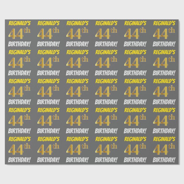 Grey, Faux/Imitation Gold, "44th BIRTHDAY" Wrapping Paper (Flat)