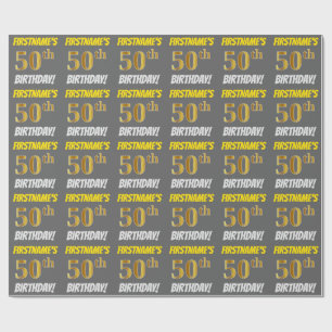 Grey, Faux/Imitation Gold, "50th BIRTHDAY" Wrapping Paper
