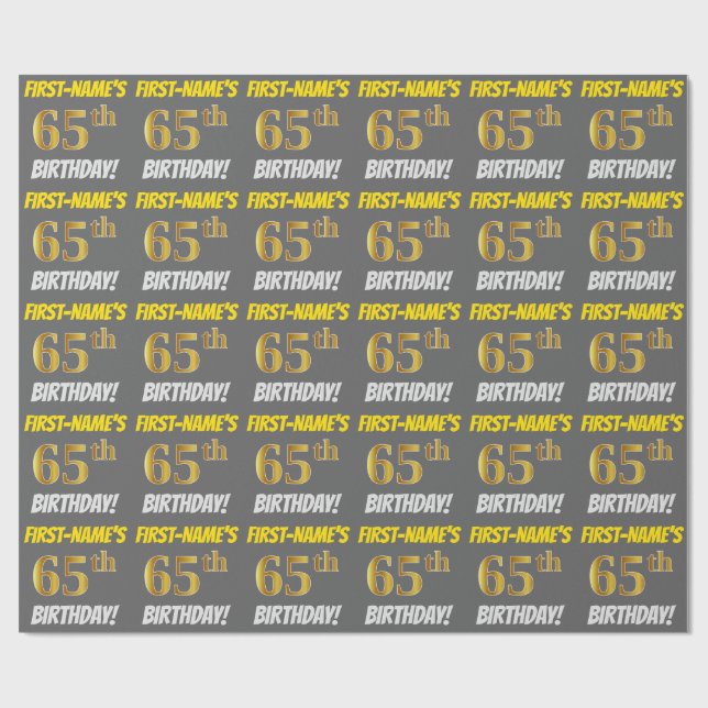 Grey, Faux/Imitation Gold, "65th BIRTHDAY" Wrapping Paper (Flat)