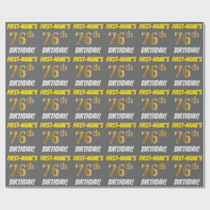 Grey, Faux/Imitation Gold, "76th BIRTHDAY" Wrapping Paper