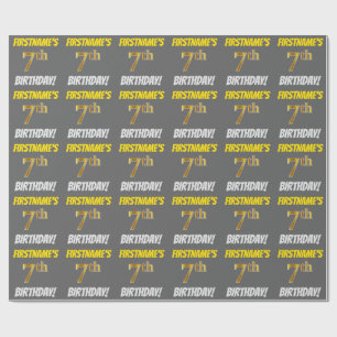 Grey, Faux/Imitation Gold, "7th BIRTHDAY" Wrapping Paper