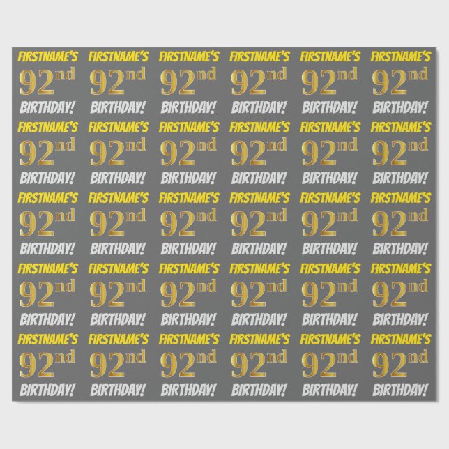 Grey, Faux/Imitation Gold, "92nd BIRTHDAY" Wrapping Paper (Flat)