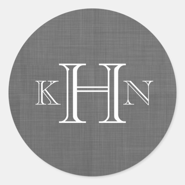 Grey Faux Linen Custom Monogram Round Sticker (Front)