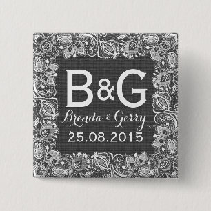 Grey Faux Linen & White Floral Lace Frame 2 Inch Square Button