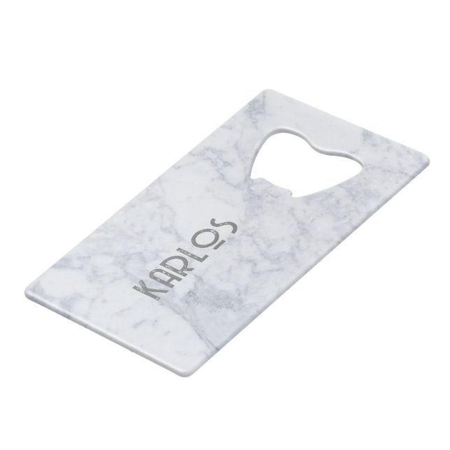 Grey faux marble background 2 credit card bottle opener (Back Angled)