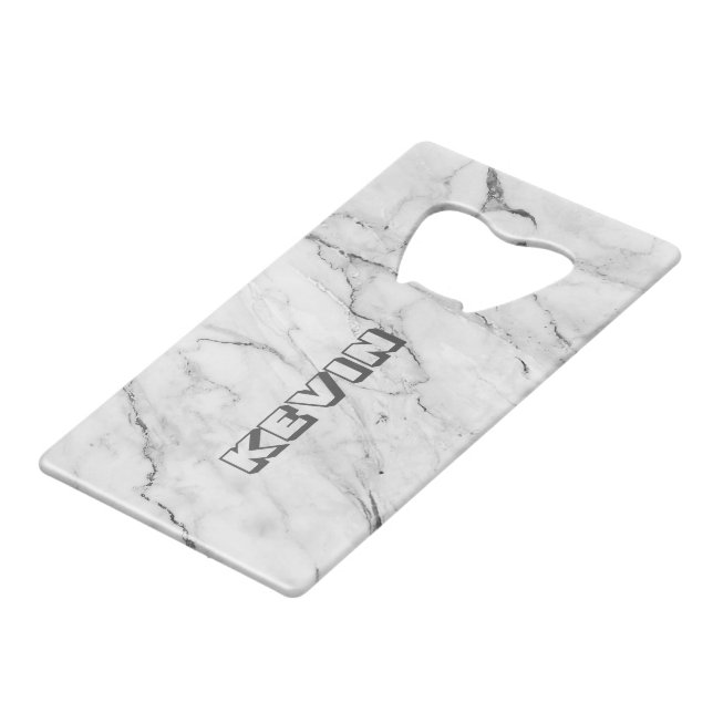 Grey faux marble background 3 credit card bottle opener (Back Angled)