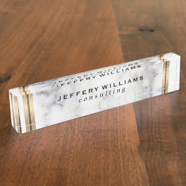 Grey Faux Marble Gold Stripe Accent Nameplate (Side)