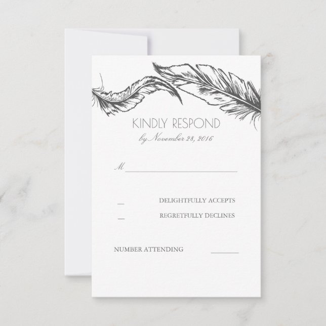 Grey Feathers White Elegant Wedding RSVP Card (Front)