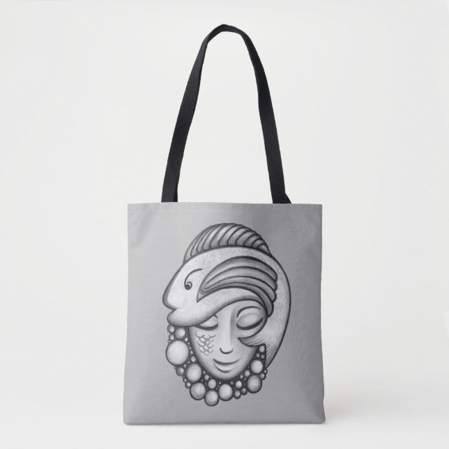 Grey Fish and Mermaid Art Tote Bag (Front)