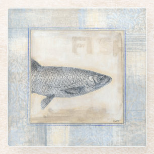 Grey Fish on Beige Background Glass Coaster