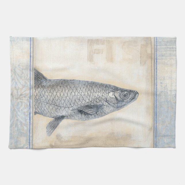 Grey Fish on Beige Background Kitchen Towel (Horizontal)