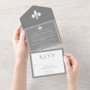Grey Fleur de Lis All in One Wedding Invite