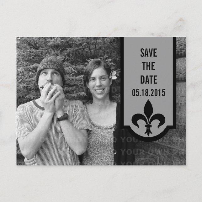 Grey Fleur De Lis Banner Save the Date Postcard (Front)