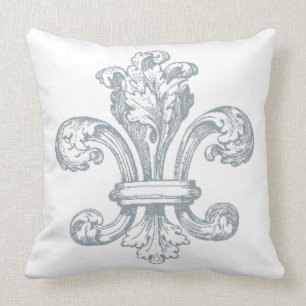 Grey Fleur de Lis on white throw pillow