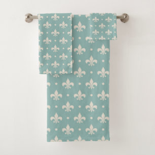 Grey Fleur De Lis pattern on turquoise background Bath Towel Set