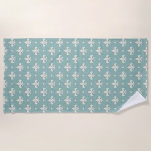 Grey Fleur De Lis pattern on turquoise background Beach Towel