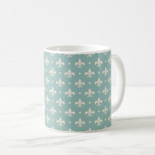 Grey Fleur De Lis pattern on turquoise background Coffee Mug
