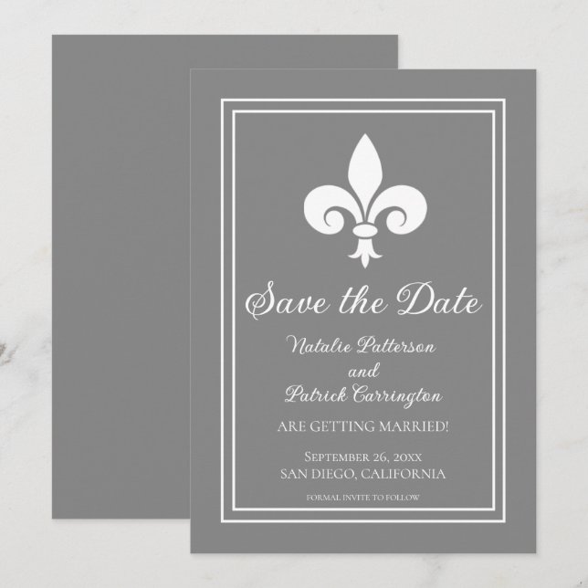 Grey Fleur de Lis Save the Date Invite (Front/Back)