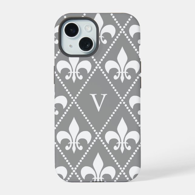 Grey Fleur de Lis w/ monogram iPhone 15 Case (Back)