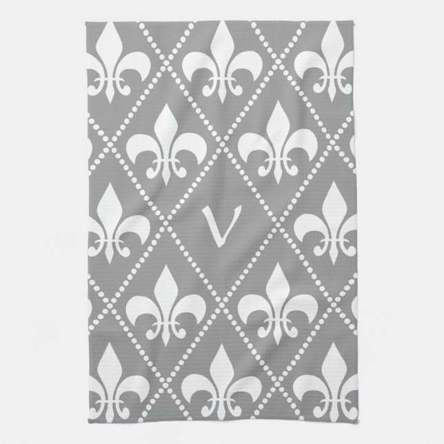 Grey Fleur de Lis with monogram initial Kitchen Towel (Vertical)