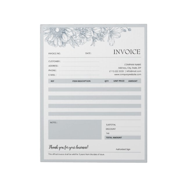 Grey Floral Border Small Business Invoice Template Notepad (Rotated)