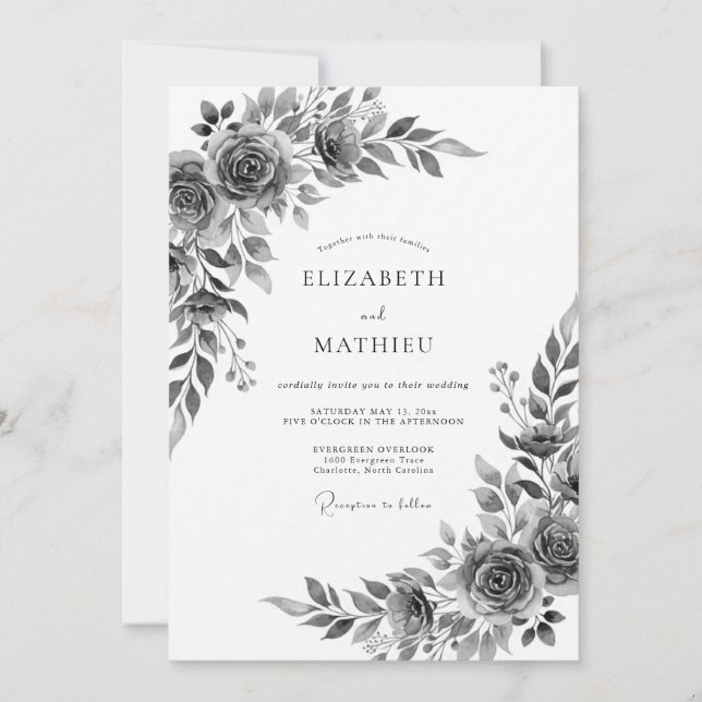 Grey Floral Botanical Romance Wedding Invitation (Front)
