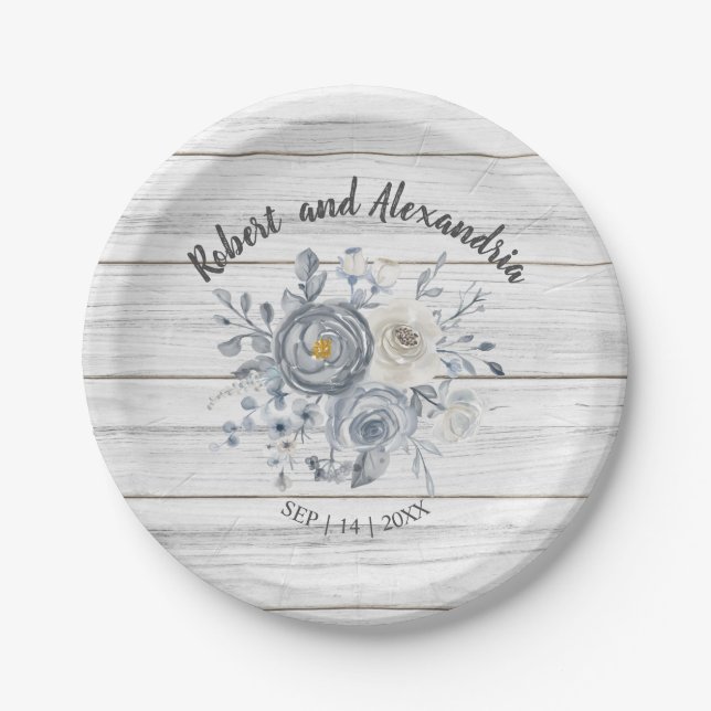 Grey Floral | Bridal Shower Wedding Reception  Paper Plate (Front)