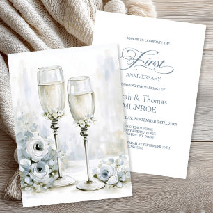 Grey Floral Champagne Glasses 1st Anniversary Invitation