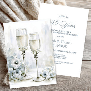 Grey Floral Champagne Glasses 35th Anniversary Invitation