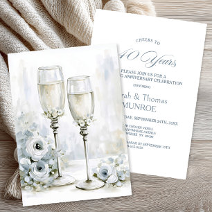 Grey Floral Champagne Glasses 40th Anniversary Invitation