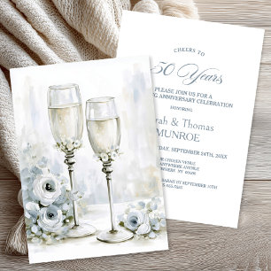 Grey Floral Champagne Glasses 50th Anniversary Invitation