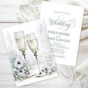 Grey Floral Champagne Glasses Wedding Invitation