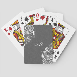 Grey Floral Damask And White Lace Playing Cards