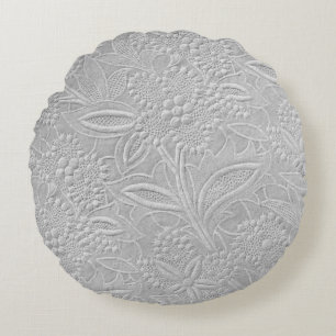 Grey Floral Embossed Look Round Pillow