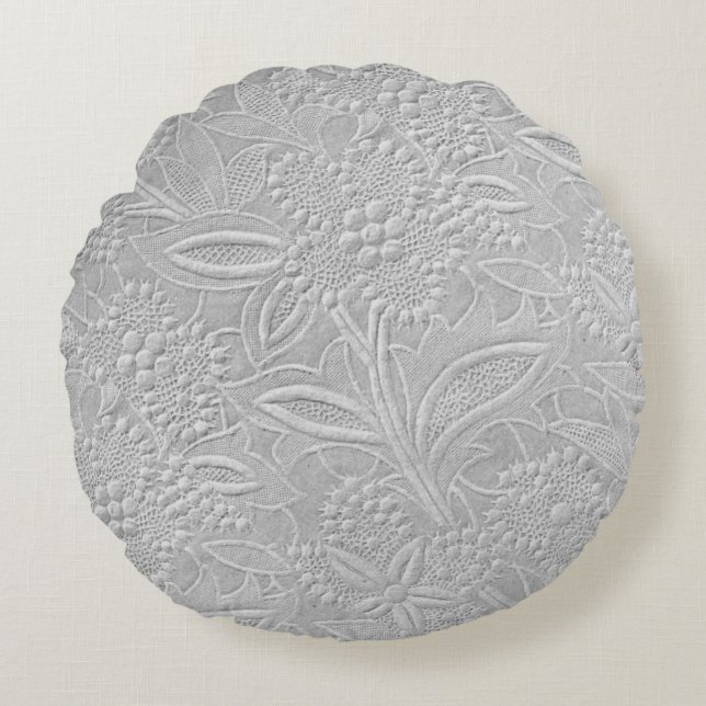 Grey Floral Embossed Look Round Pillow (Front)