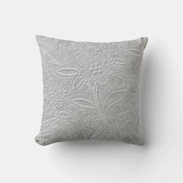 Grey Floral Embossed Look Throw Pillow (Front)