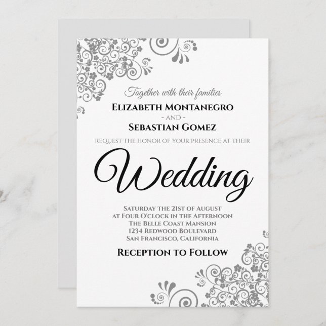 Grey Floral Filigree Elegant Chic Wedding Invitation (Front/Back)