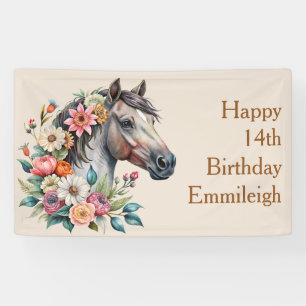 Grey Floral Horse Teen Girl Birthday Banner
