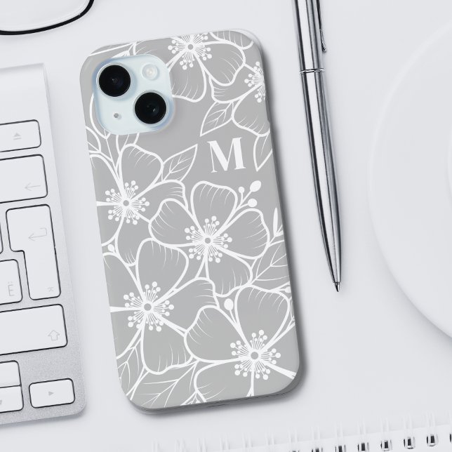 Grey Floral Monogram iPhone 15 Case (Girly Chic Gray Floral Monogram Initial iPhone 15 Case)