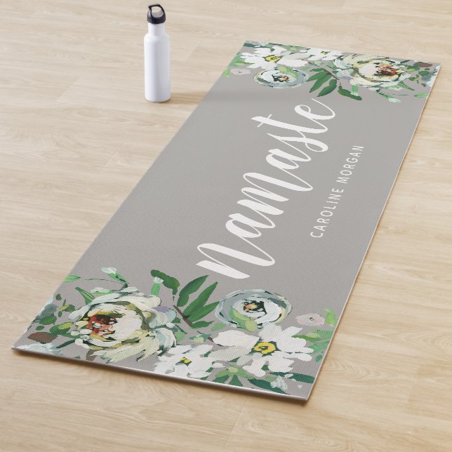 Grey Floral Namaste Monogrammed Yoga Mat (In Situ)