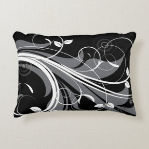 Grey Floral Pattern on Black Accent Pillow