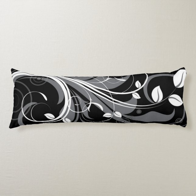 Grey Floral Pattern on Black Body Pillow (Front)