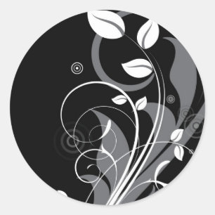 Grey Floral Pattern on Black Classic Round Sticker